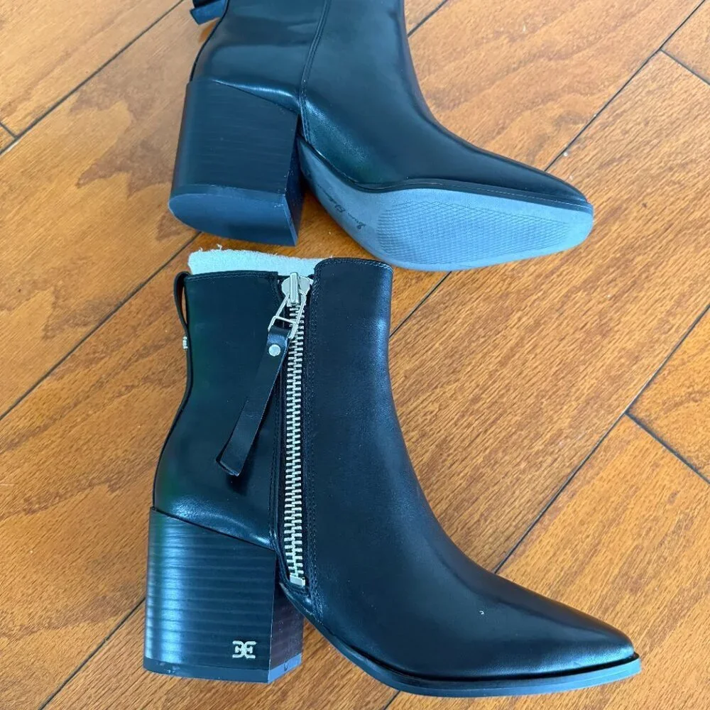 Sam Edelman Carlysle Black Leather Block Heel Silver Zipper Ankle Boots BRANDNEW